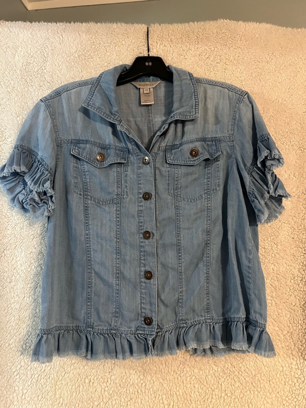 Multiples Light Blue Denim Button-Front Ruffle Sleeve Blouse